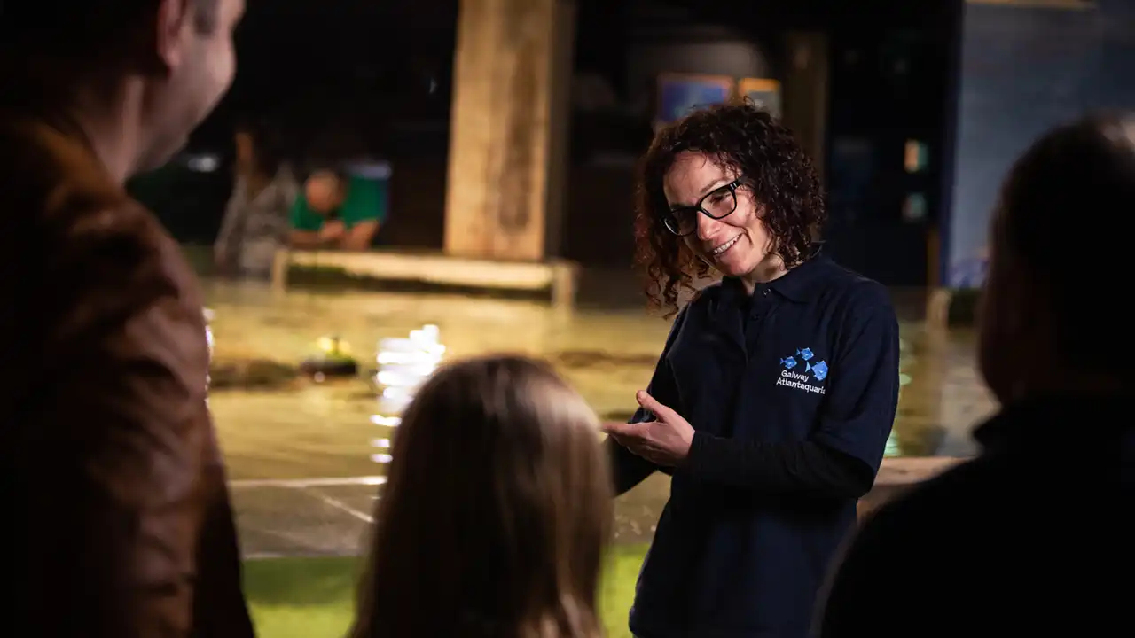 An Aquarium member of staff talking to some Aquarium Visitors