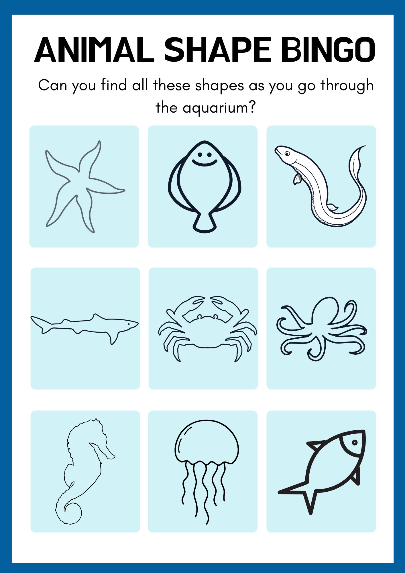 Sample of an aquarium bingo sheet to find animals with different body shapes.