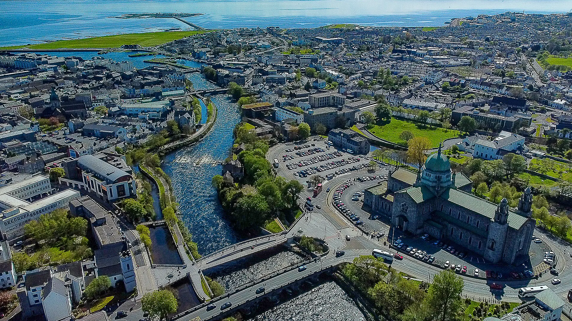 Galway city and rivers, drone image.